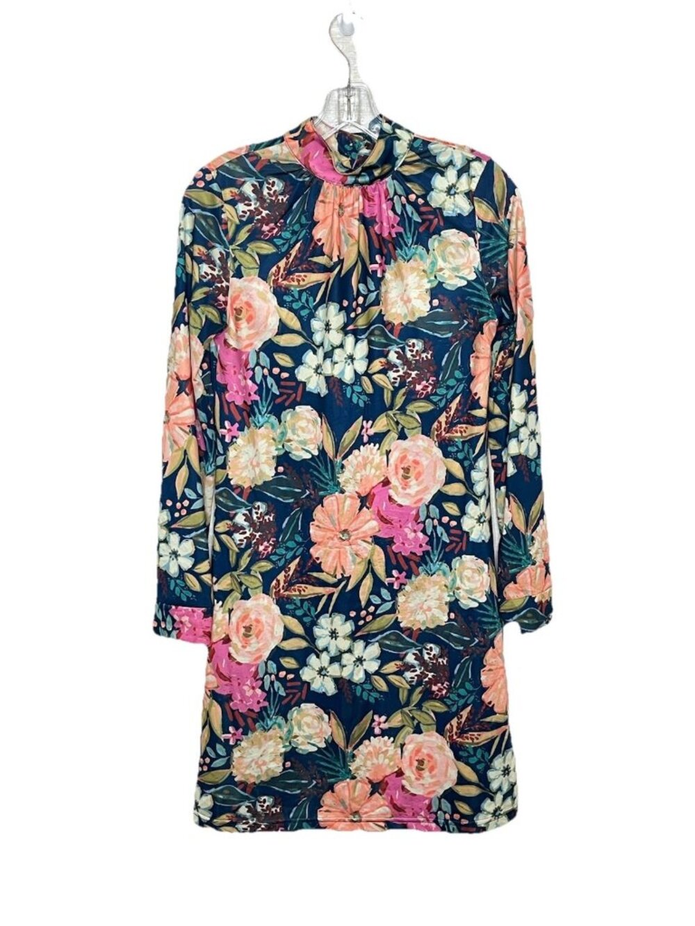 Vera Fishbaugh Dress Small Navy Bold Floral Mock Neck Long Sleeve Shift Mini Mod